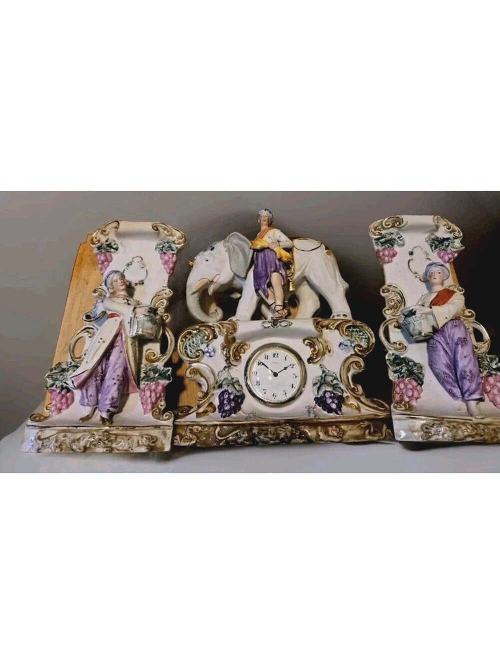 Antique German Bisque Porcelain Elephant Clock And  Planters Read!